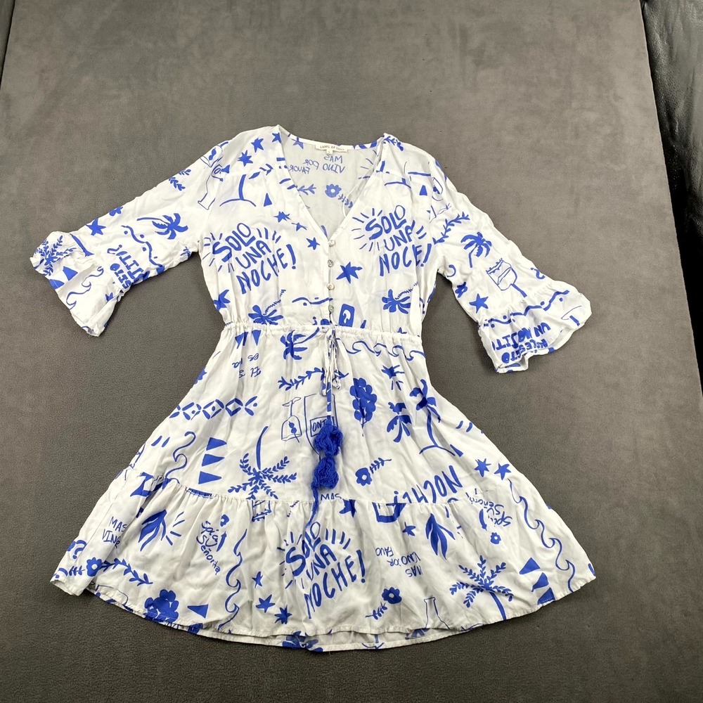 Label of Love Summer Dress Womens Large White Blue Graphic Tie Waist Ruffle Trim